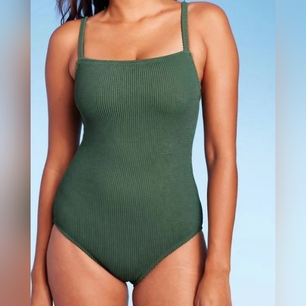 Kona Sol Forest Green Pucker Square Neck One Piece Swimsuit